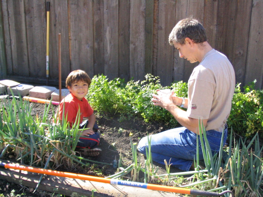 Image of Roy and son planting seeds in their garden.